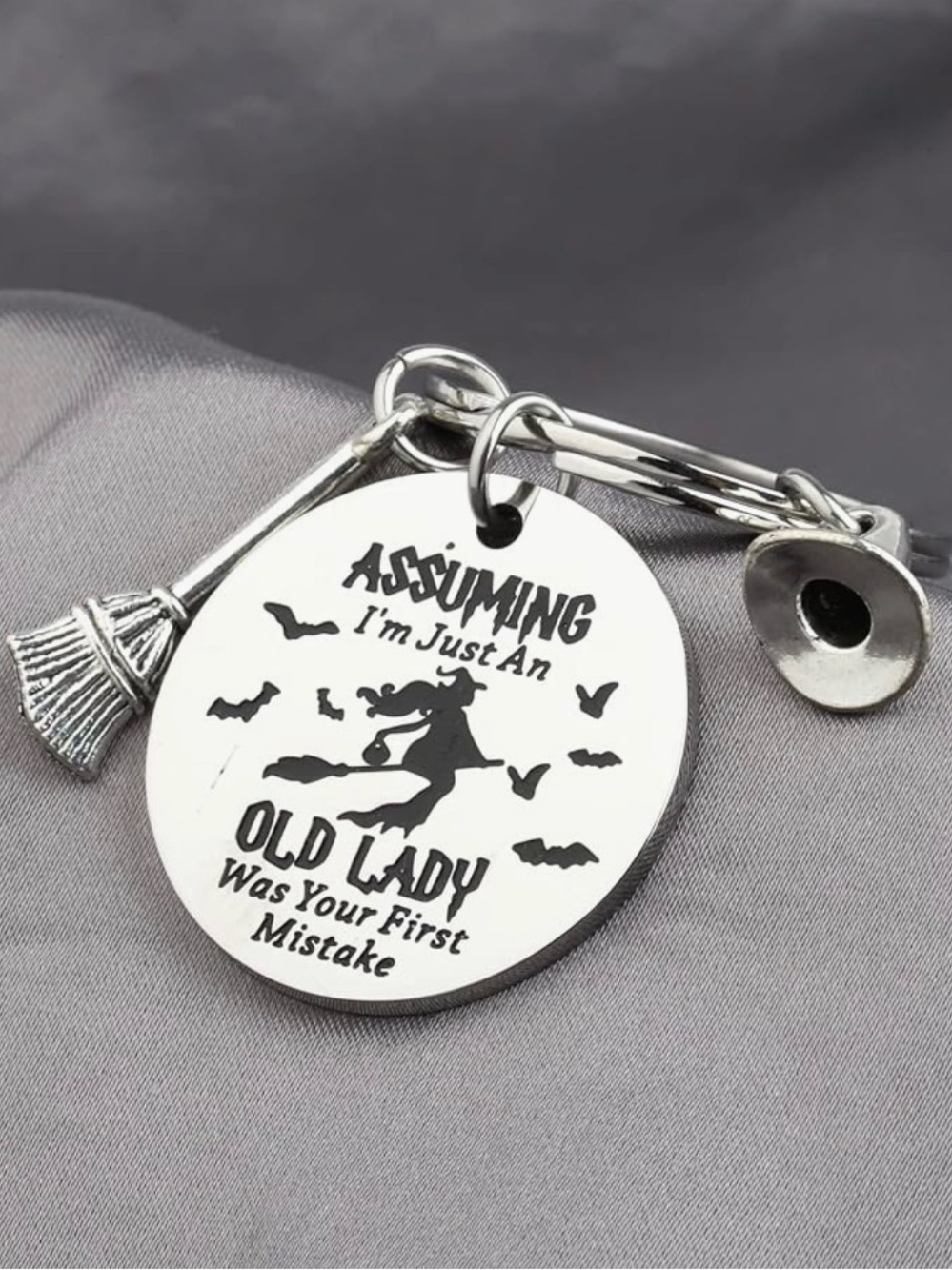 Silver Halloween Witch Keychain Charm - 'Assuming I'm Just An Old Lady'